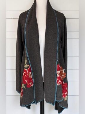 Floral Embroidered Terry Knit Boho Open Front Coatigan Large